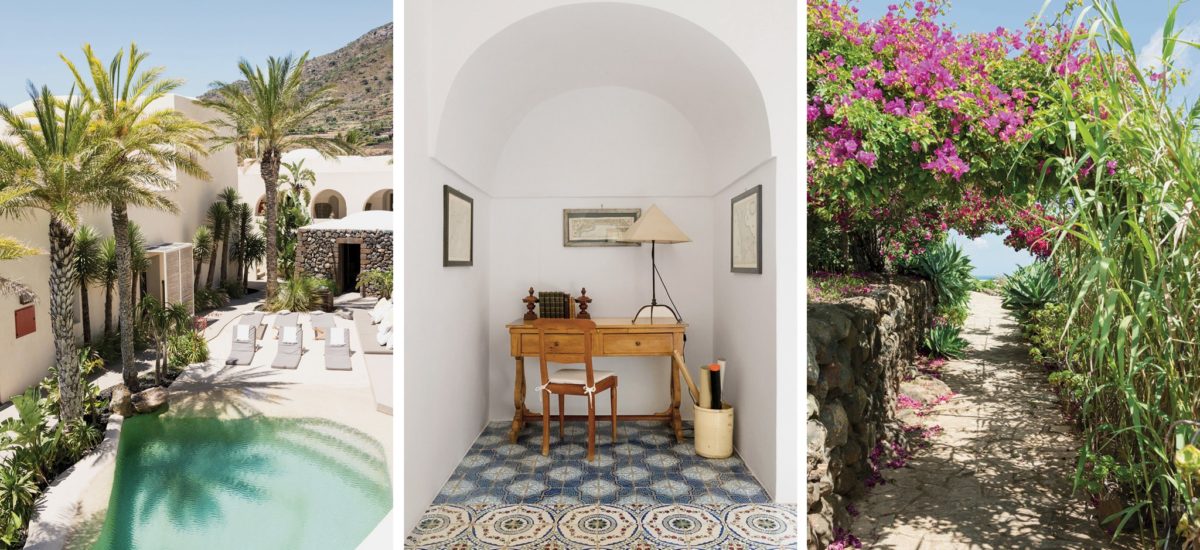 Tenuta Borgia -  From left: The pool area at Sikelia; an alcove in the living room of Tenuta Borgia; bougainvillea crowning a Club Levante walkway that leads toward the shore. Credit Diego Mayon